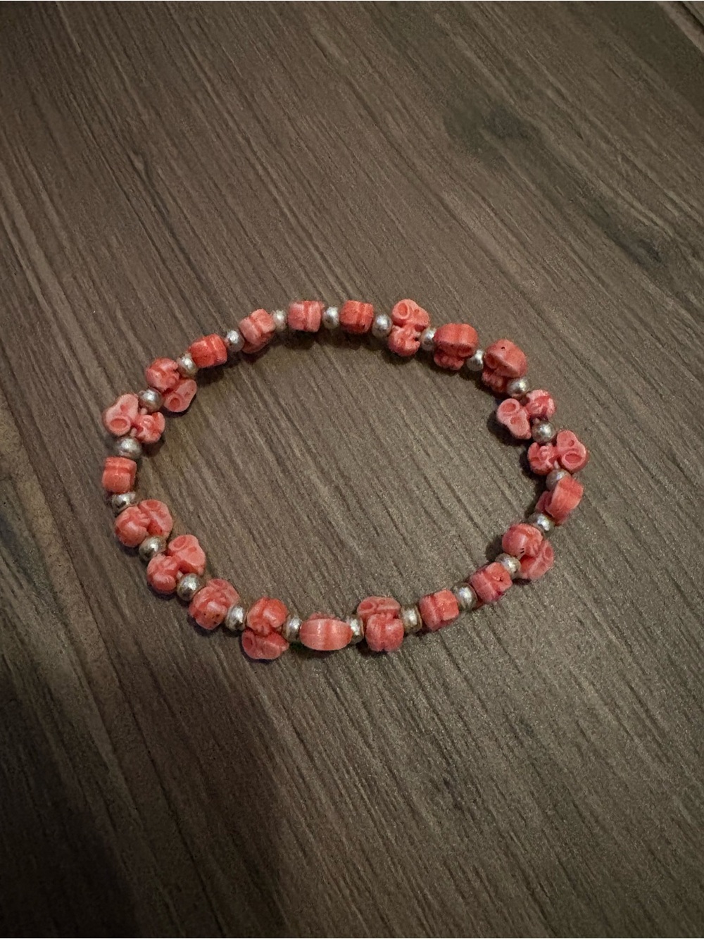 Handcrafted Coral-Pink Beaded Stretch Bracelet with Silver Accents